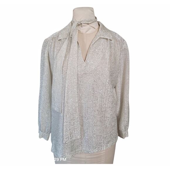 MY KINDA GAL Vintage Metallic Top Size 10 Silver Cream Loose Fit Blouse Belt - Picture 7 of 13